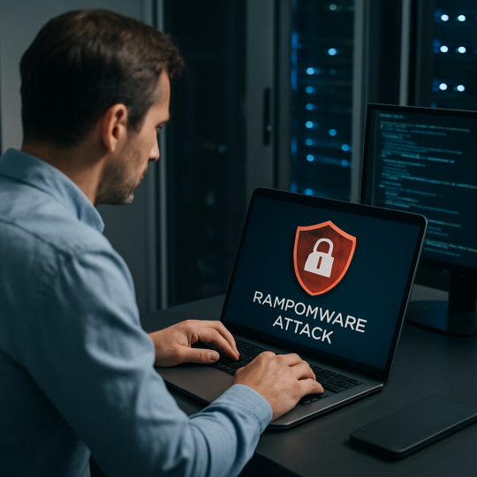 Clinic IT manager reviewing ransomware defense tactics on a secured dashboard