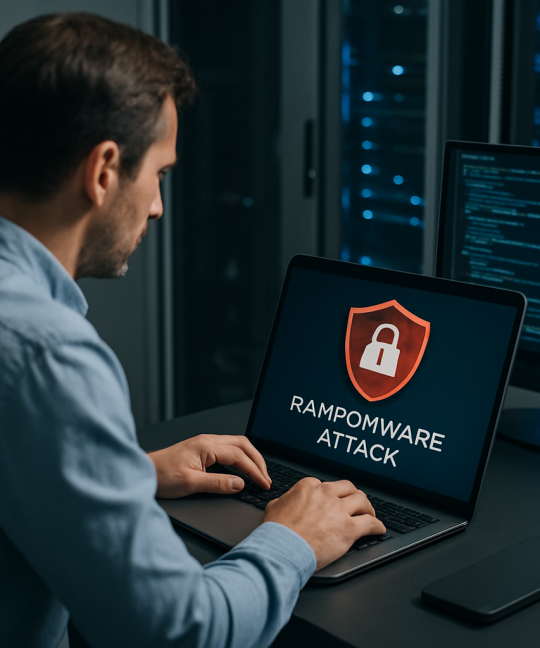 Clinic IT manager reviewing ransomware defense tactics on a secured dashboard