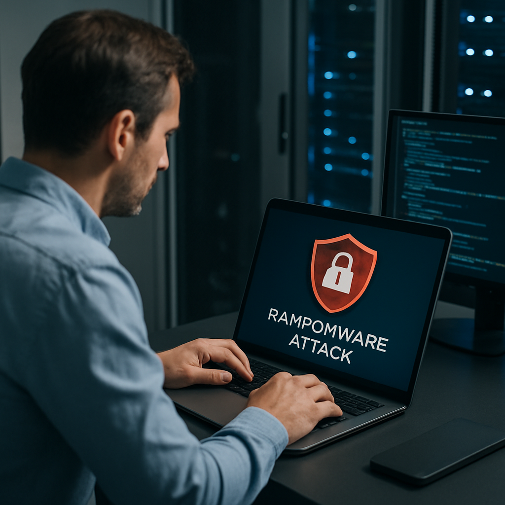 Clinic IT manager reviewing ransomware defense tactics on a secured dashboard
