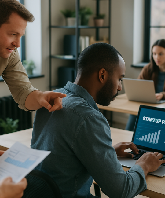 Founder presenting a startup pitch deck to investors in a modern boardroom