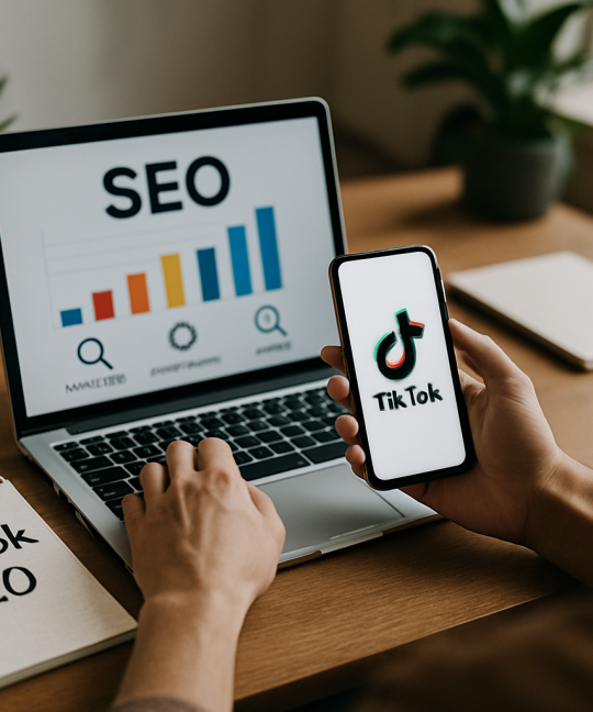 Creator analyzing TikTok SEO tactics dashboard on a laptop in a modern studio