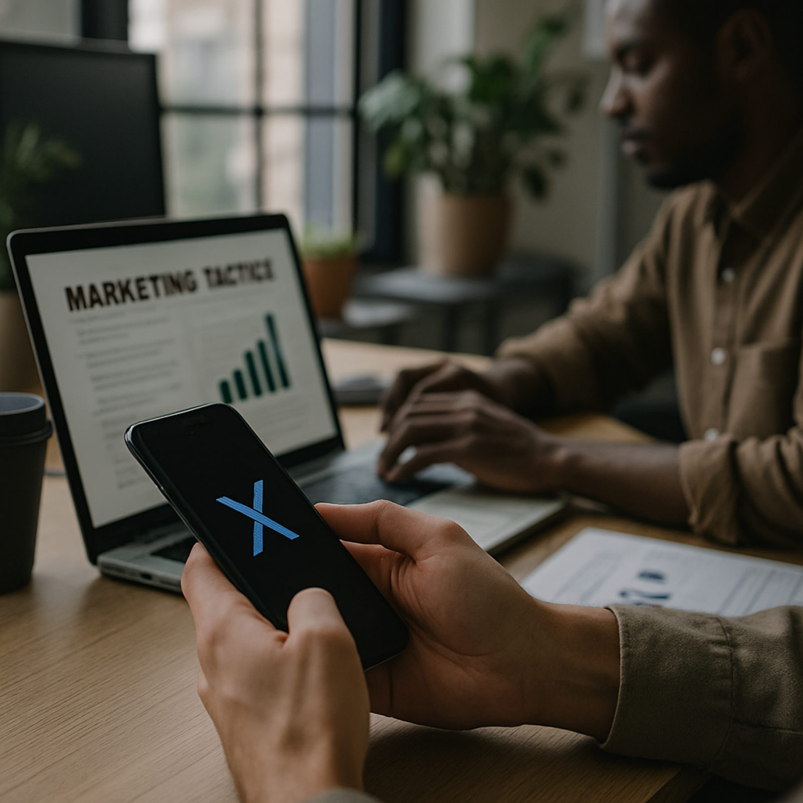 Marketer planning an X Twitter marketing strategy on a laptop with analytics dashboards open