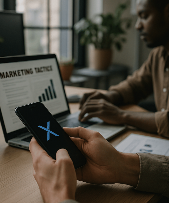 Marketer planning an X Twitter marketing strategy on a laptop with analytics dashboards open