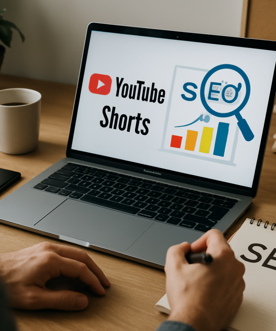 Creator reviewing YouTube Shorts SEO analytics dashboard on a laptop