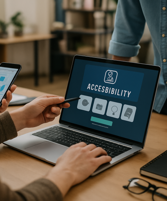 Designer reviewing accessibility UI design wireframes with contrast and focus state annotations