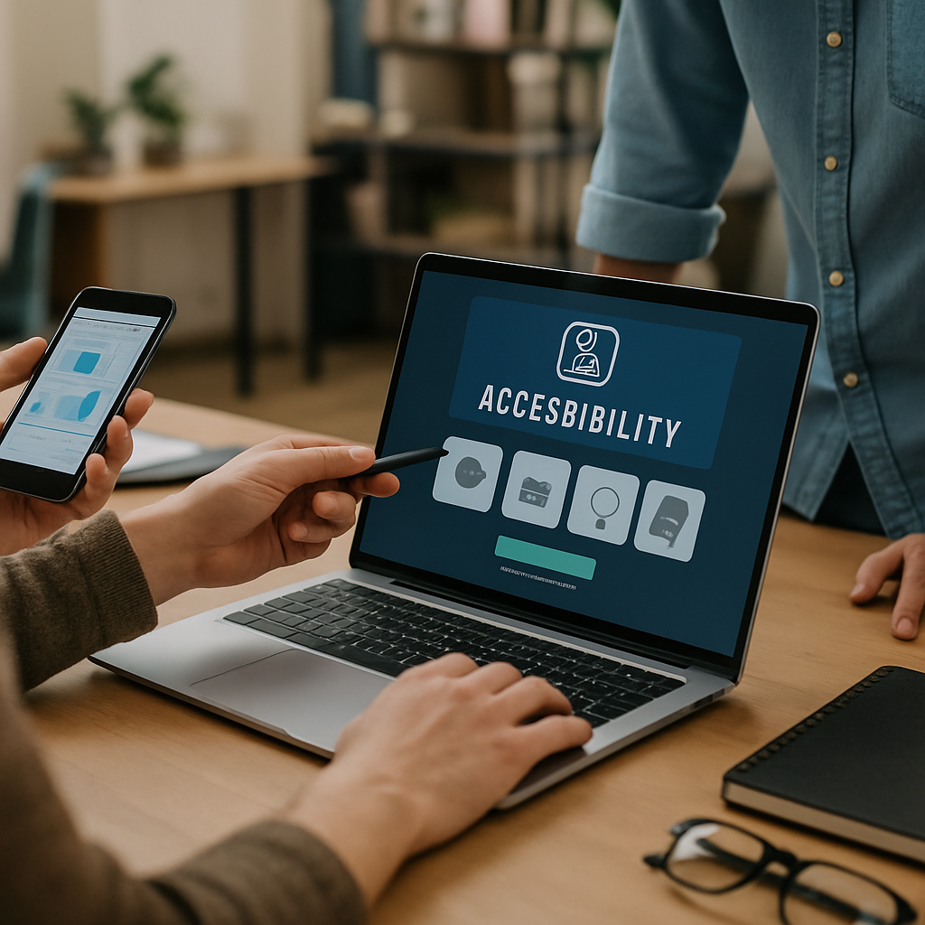 Designer reviewing accessibility UI design wireframes with contrast and focus state annotations