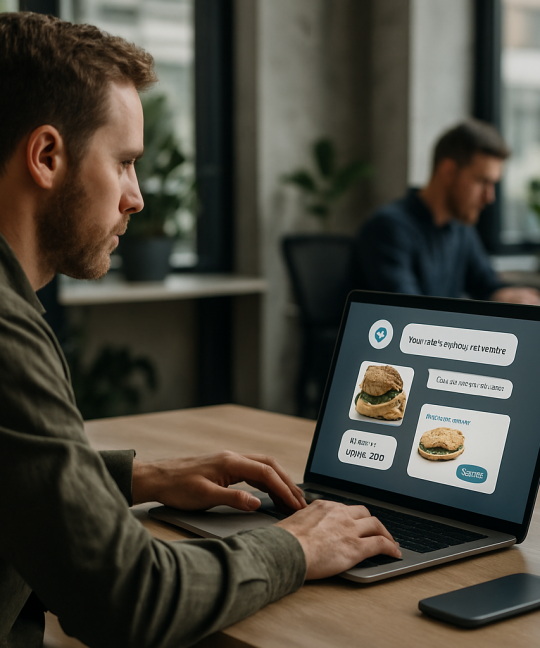 Server using AI chatbot restaurant orders dashboard on a tablet in a busy kitchen
