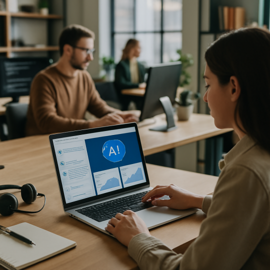 Clinic receptionist using AI customer support dashboard to assist patients
