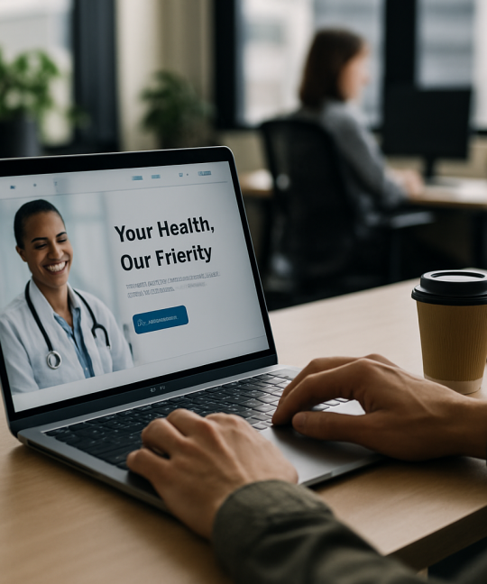Doctor reviewing a clinic website UX design on a tablet with patient booking interface