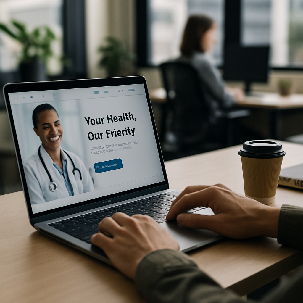 Doctor reviewing a clinic website UX design on a tablet with patient booking interface