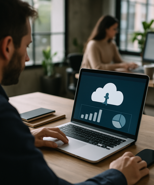 Engineer reviewing cloud cost optimization dashboard with savings charts