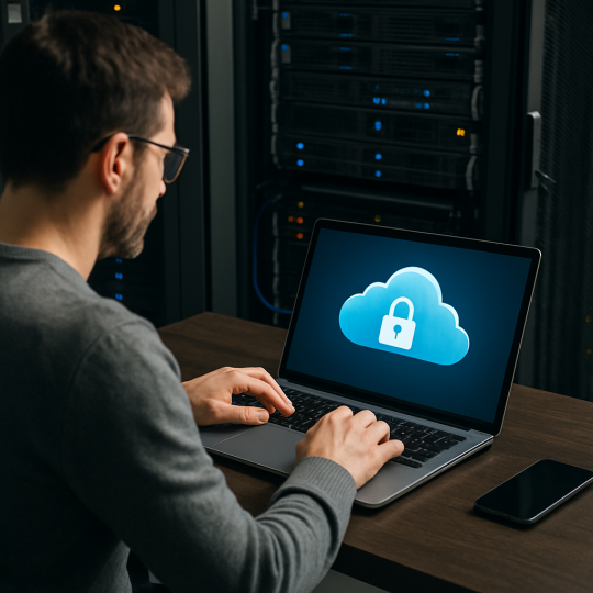 Illustration of cloud data encryption protecting files stored across distributed servers in 2026