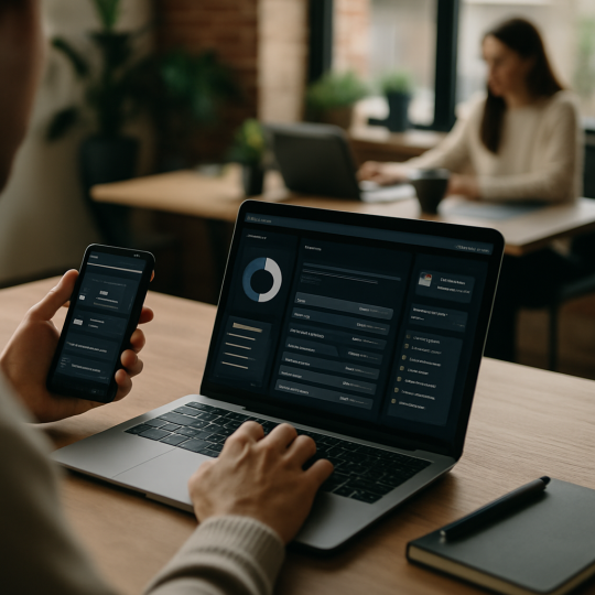 Designer reviewing dark mode UI design mockups on a laptop screen