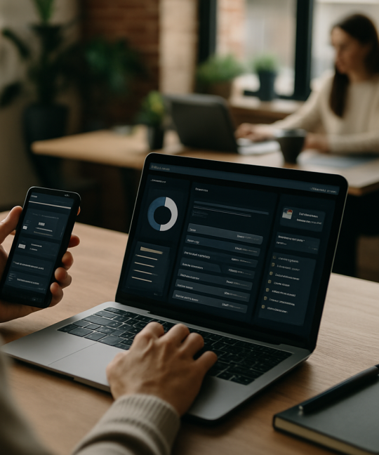 Designer reviewing dark mode UI design mockups on a laptop screen