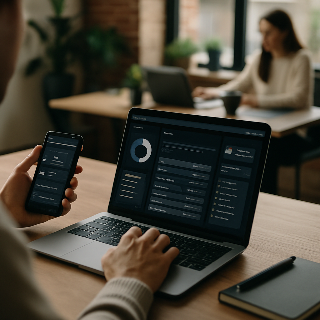 Designer reviewing dark mode UI design mockups on a laptop screen