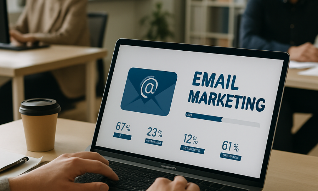 Marketer reviewing email marketing tactics dashboard with open rate analytics