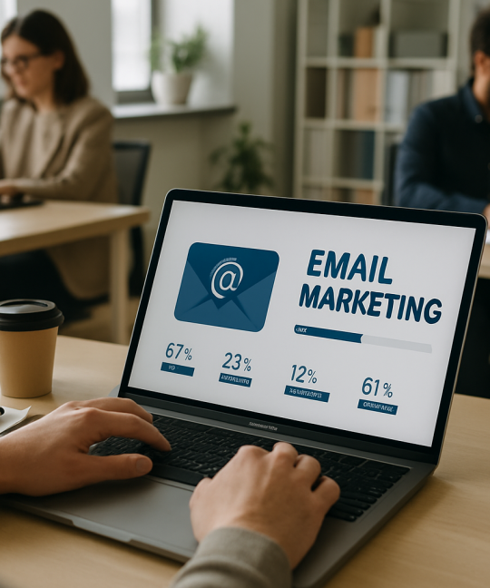 Marketer reviewing email marketing tactics dashboard with open rate analytics