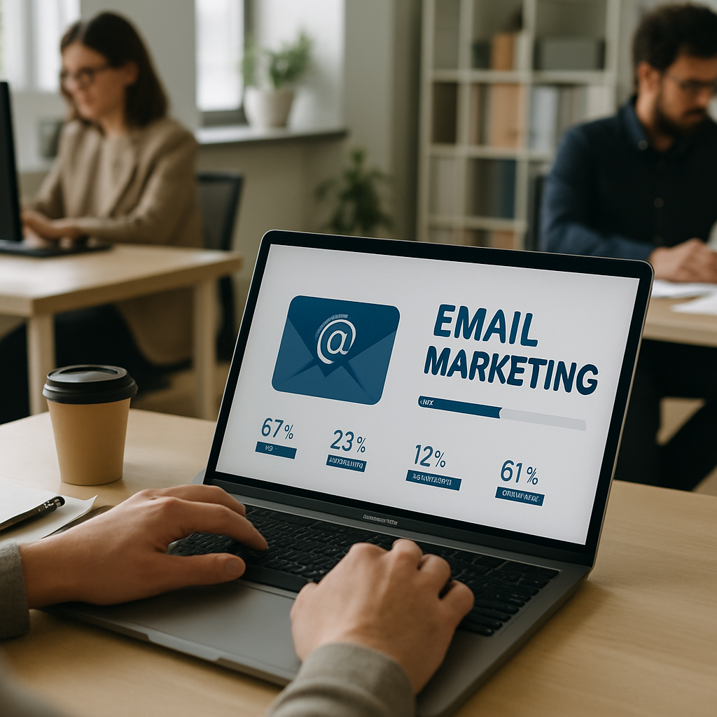 Marketer reviewing email marketing tactics dashboard with open rate analytics