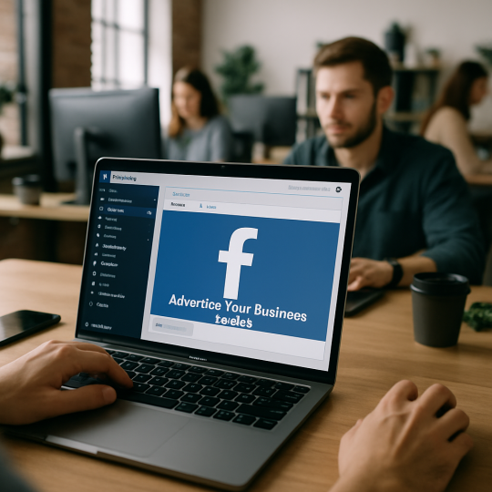 Local business owner reviewing Facebook ads tactics dashboard on laptop