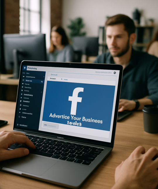 Local business owner reviewing Facebook ads tactics dashboard on laptop