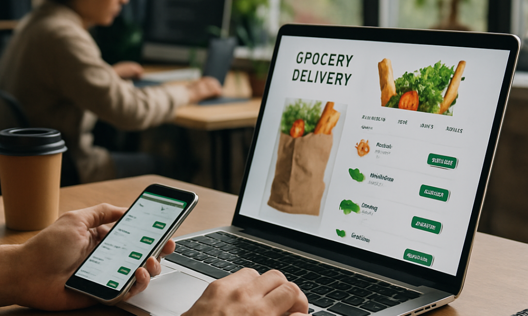 Smartphone showing grocery delivery app features with fresh produce icons and cart summary.