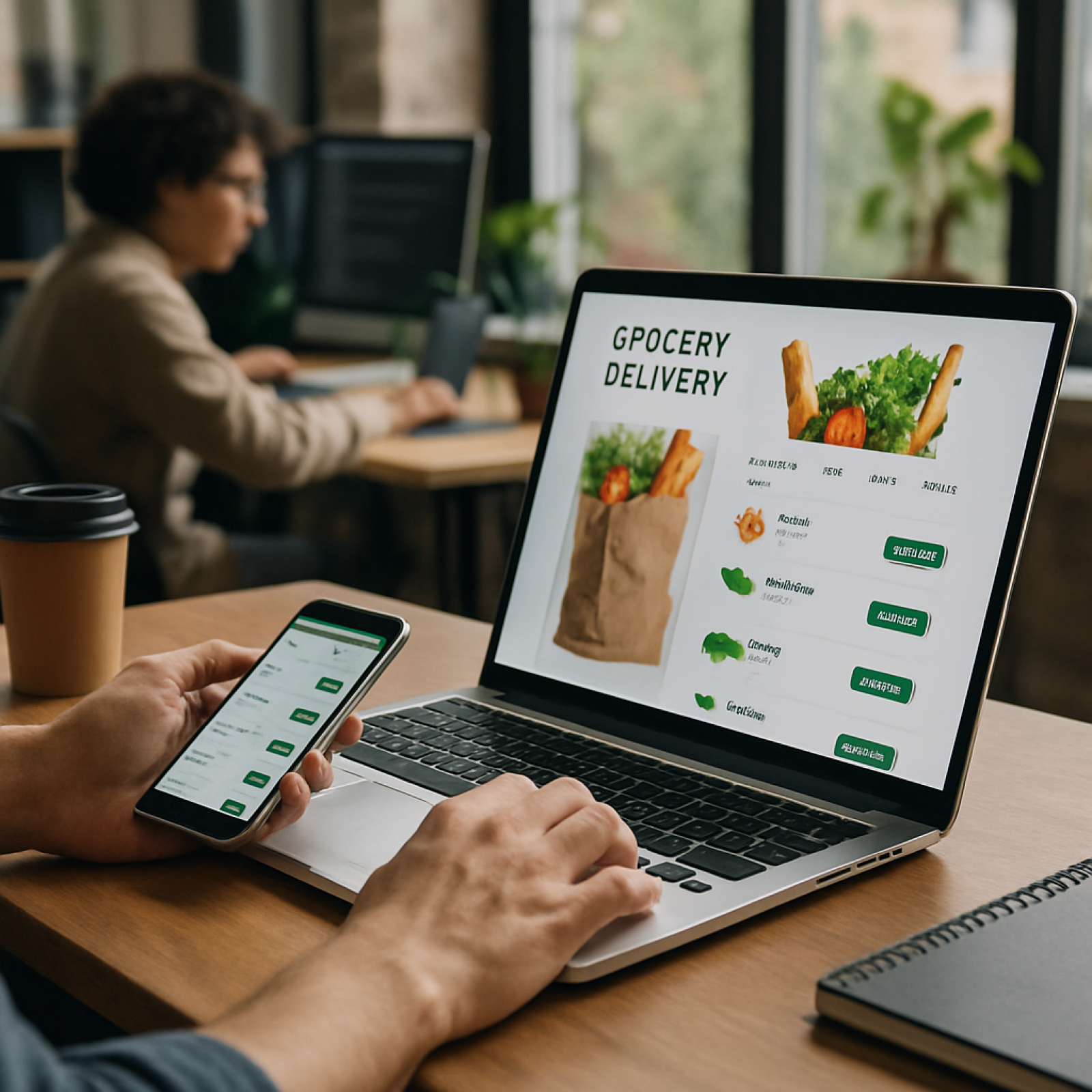 Smartphone showing grocery delivery app features with fresh produce icons and cart summary.
