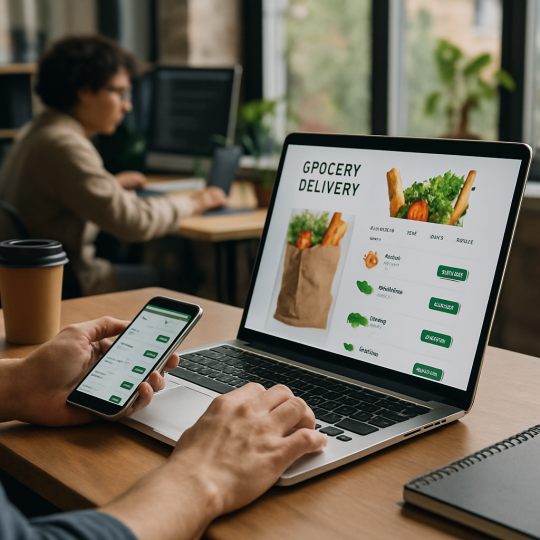Smartphone showing grocery delivery app features with fresh produce icons and cart summary.