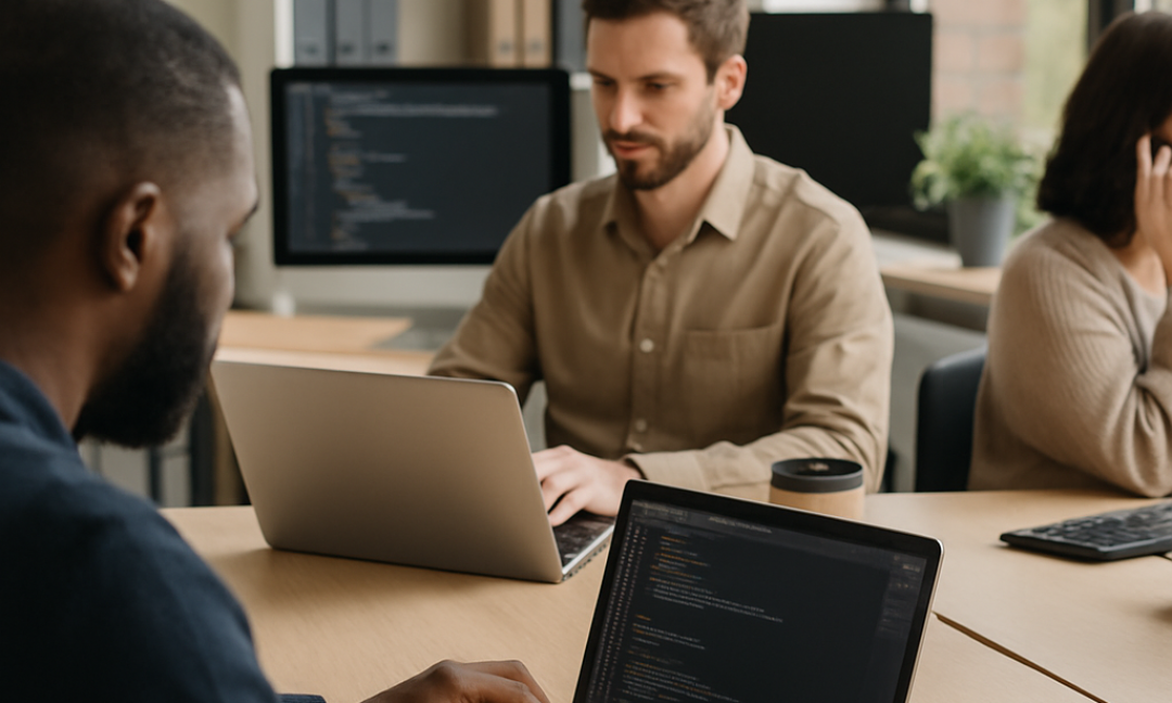 Small business team reviewing IT outsourcing strategy on laptop screens