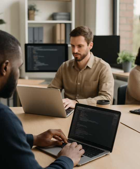 Small business team reviewing IT outsourcing strategy on laptop screens