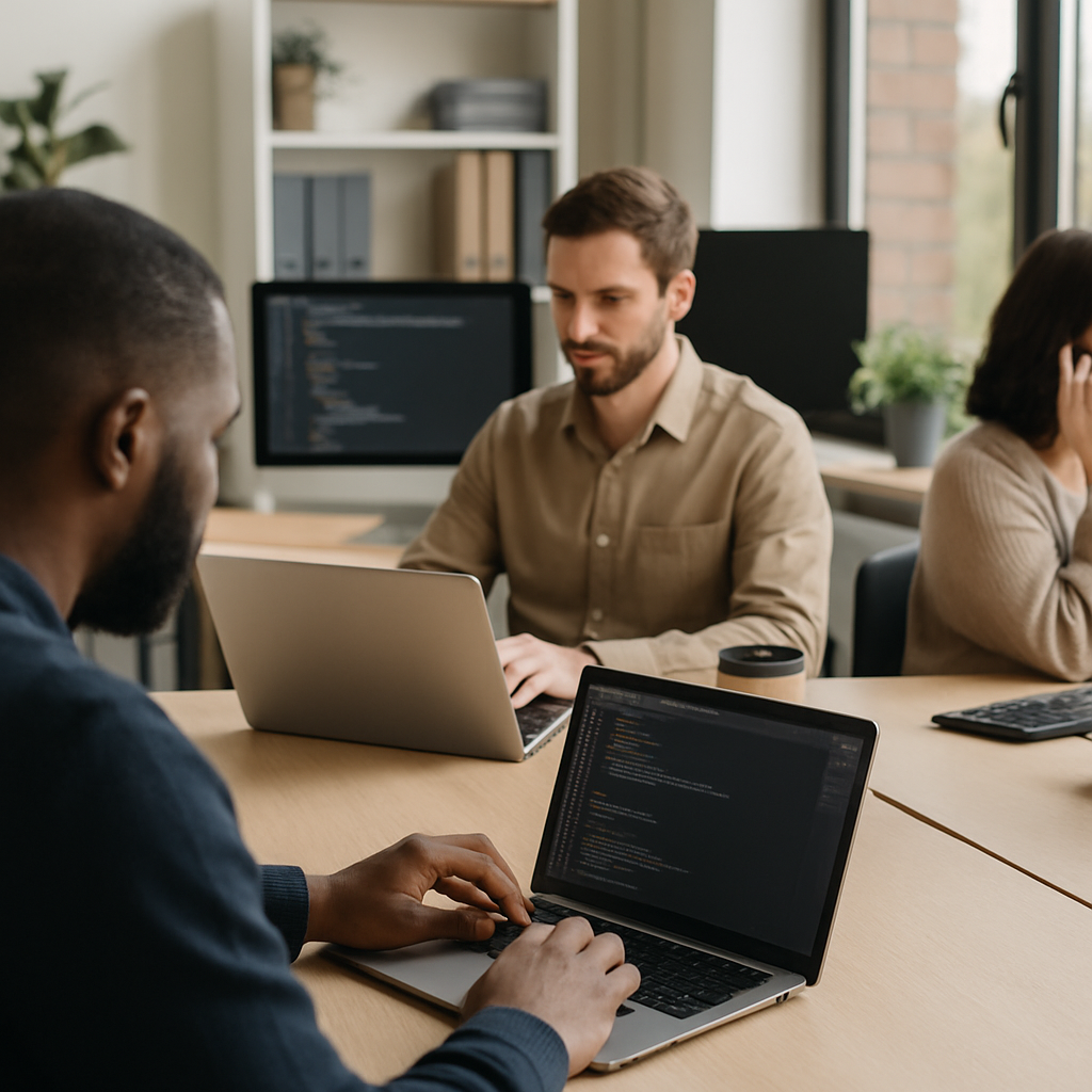 Small business team reviewing IT outsourcing strategy on laptop screens