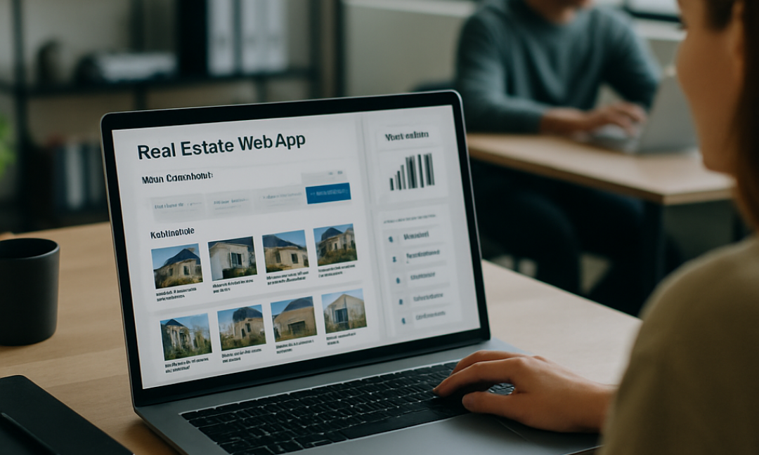 Real estate web app dashboard showing property listings and lead capture tools