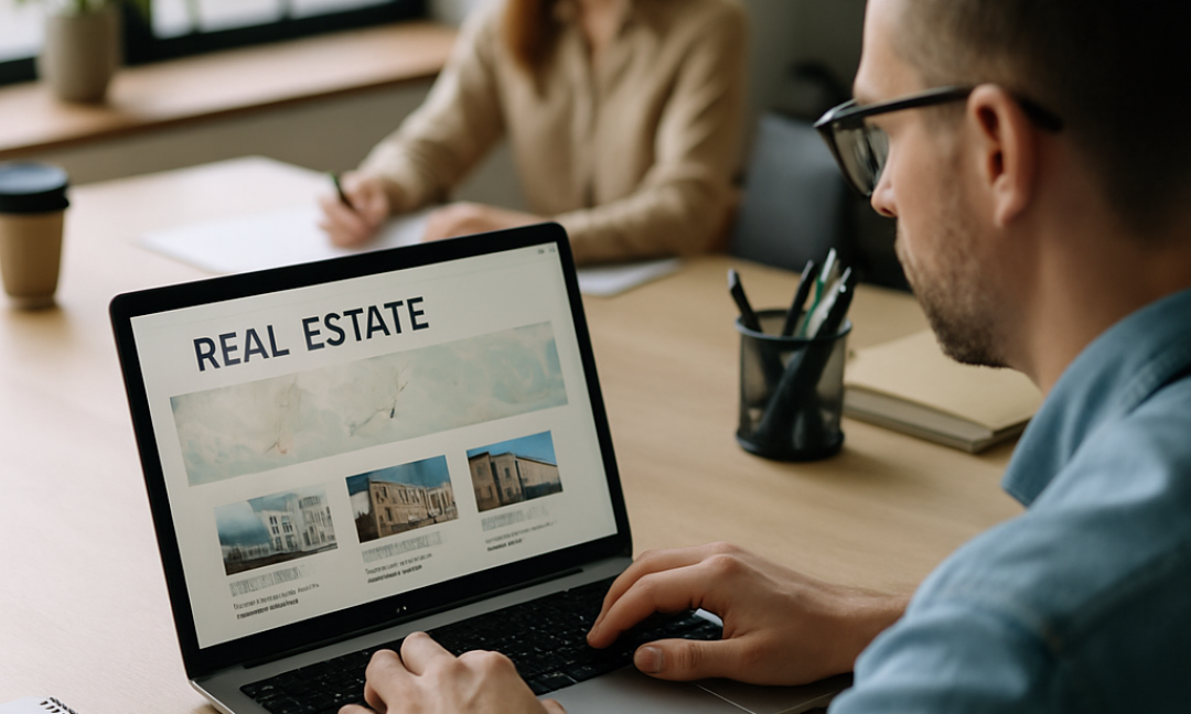 Agent reviewing a real estate web app dashboard with listings and lead analytics