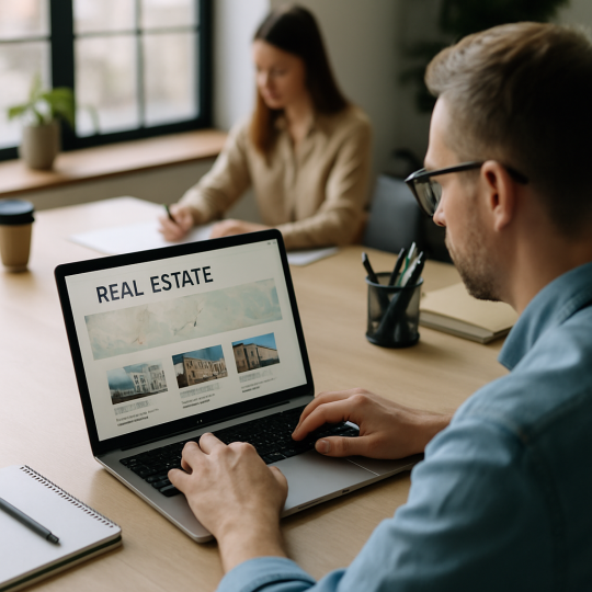Agent reviewing a real estate web app dashboard with listings and lead analytics