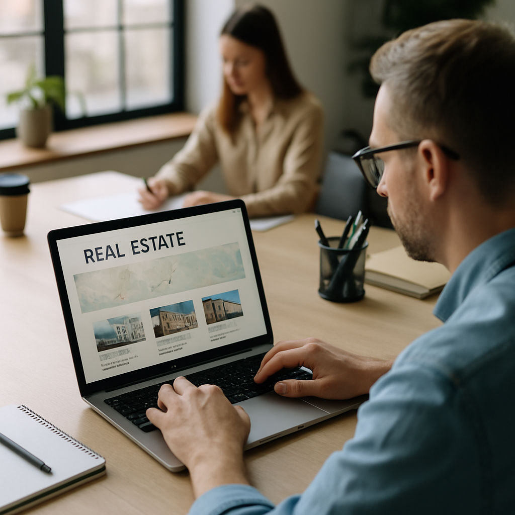 Agent reviewing a real estate web app dashboard with listings and lead analytics