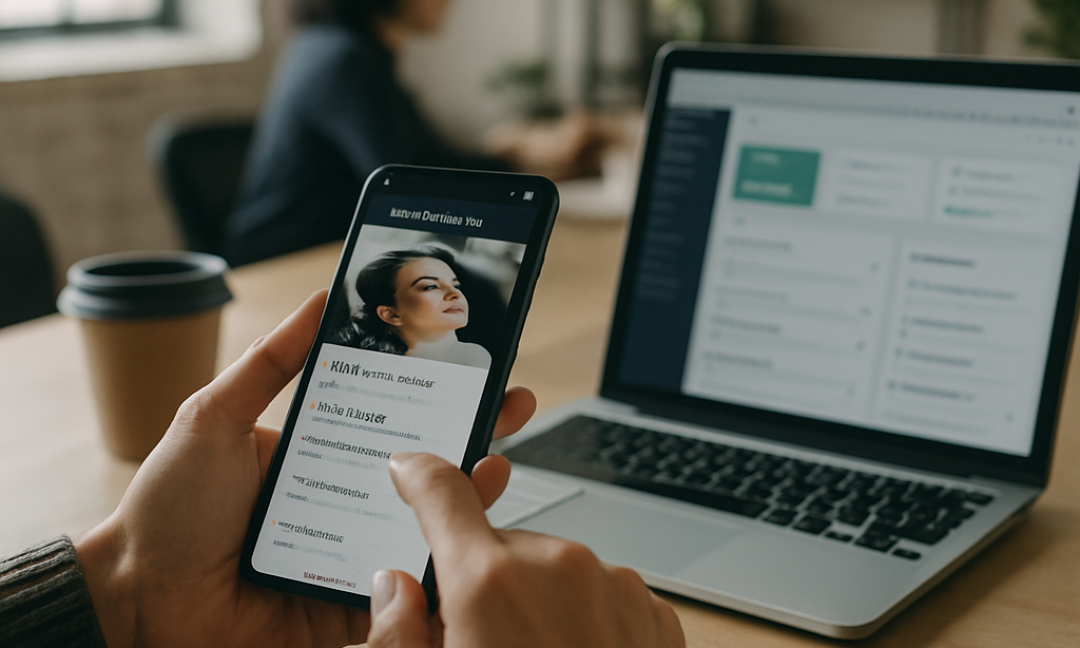 Stylist using a salon booking app on a tablet to manage client appointments