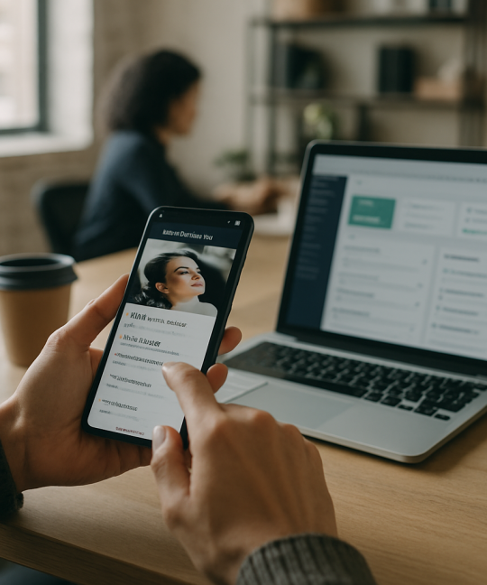 Stylist using a salon booking app on a tablet to manage client appointments