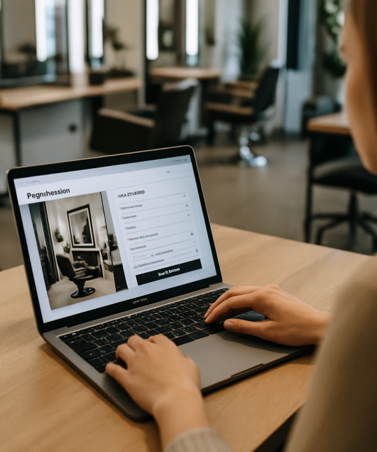 Stylist using a salon website UX booking screen on a tablet at the front desk