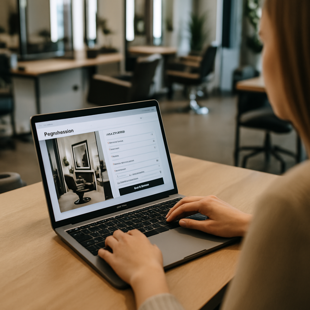 Stylist using a salon website UX booking screen on a tablet at the front desk