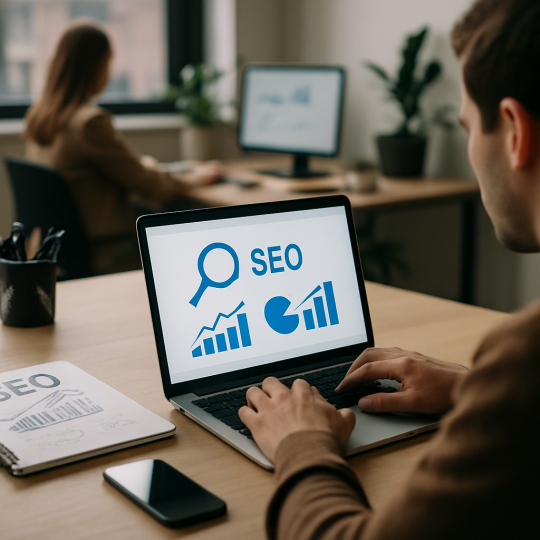 Developer reviewing technical SEO wins dashboard with Core Web Vitals metrics