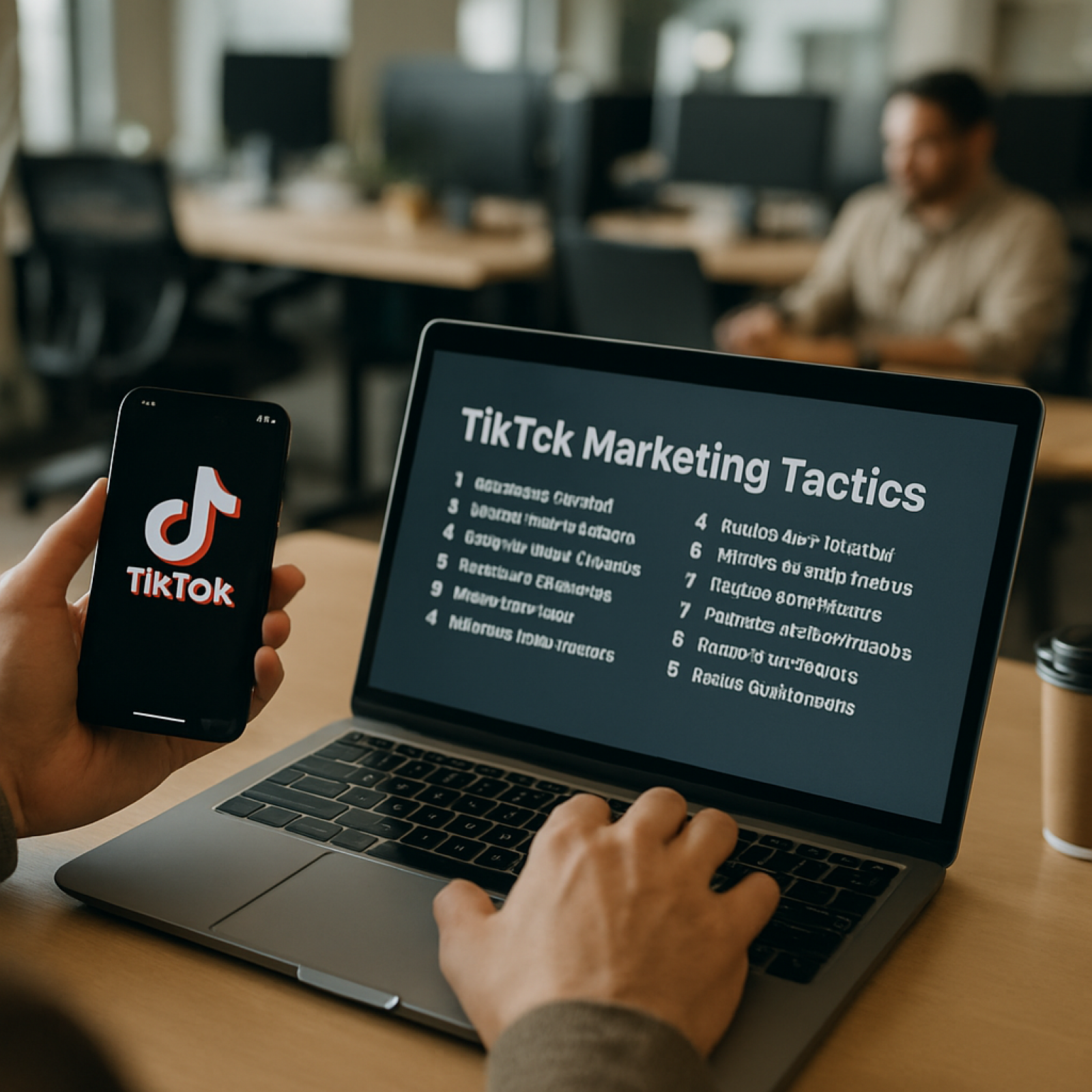 Smartphone screen showing TikTok marketing tactics dashboard with analytics and product video.