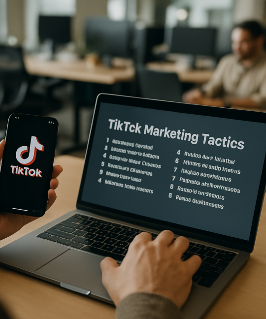 Smartphone screen showing TikTok marketing tactics dashboard with analytics and product video.