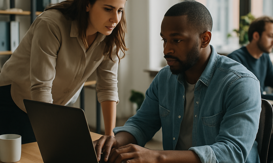 Founder interviewing candidate while reviewing startup hiring mistakes checklist on laptop