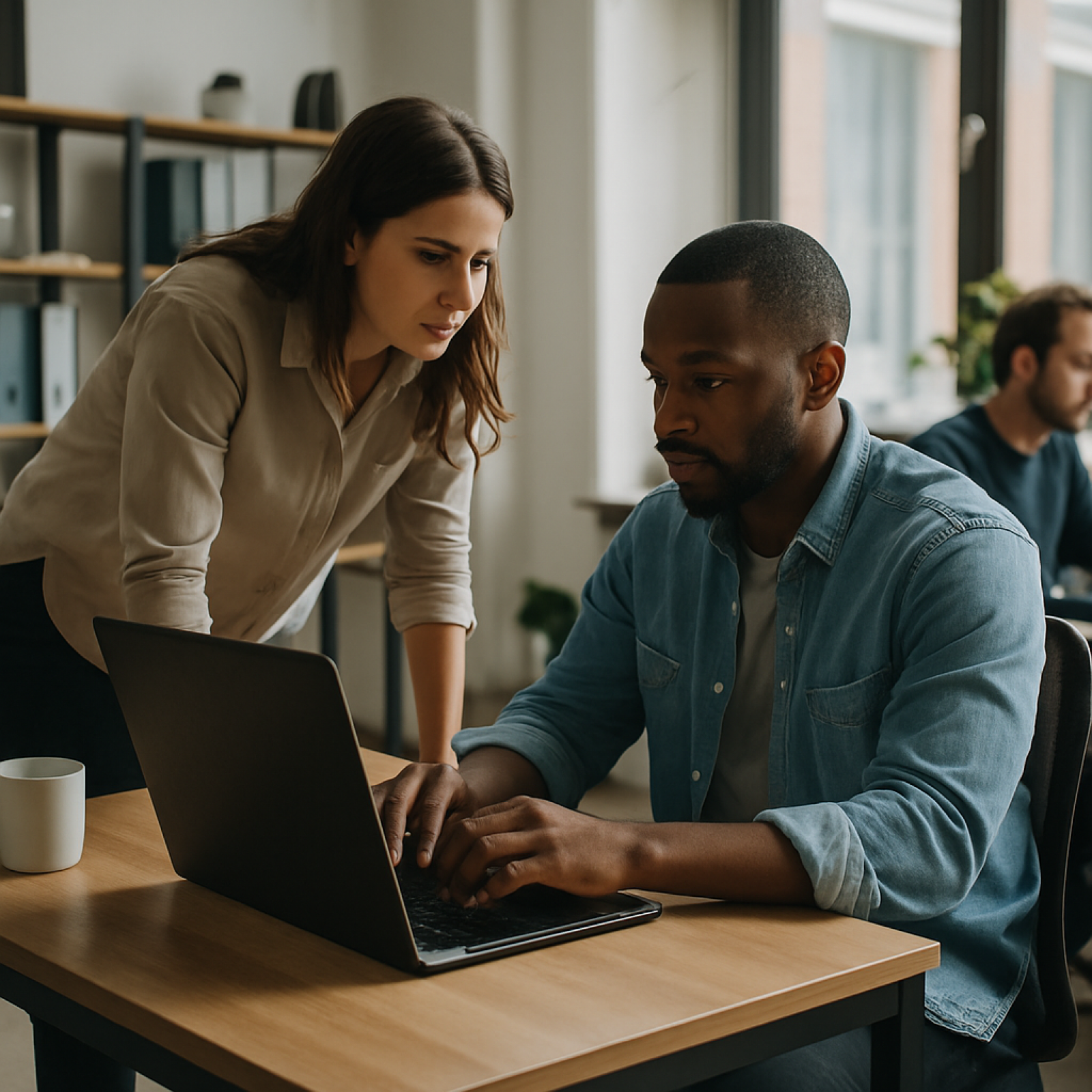 Founder interviewing candidate while reviewing startup hiring mistakes checklist on laptop