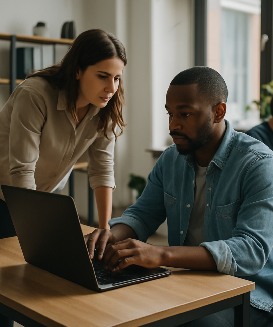 Founder interviewing candidate while reviewing startup hiring mistakes checklist on laptop