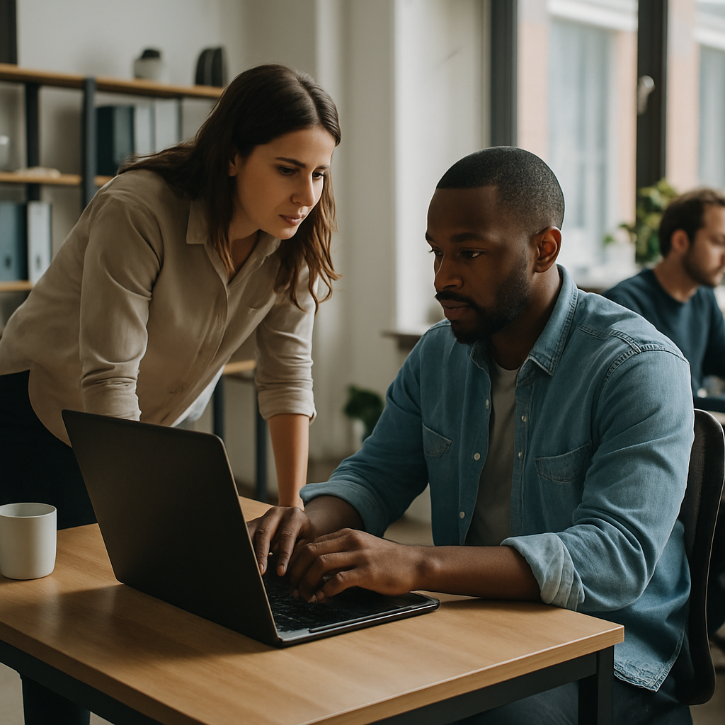Founder interviewing candidate while reviewing startup hiring mistakes checklist on laptop