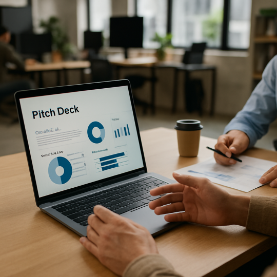 Founder reviewing slides while preparing to fix startup pitch deck mistakes before an investor meeting