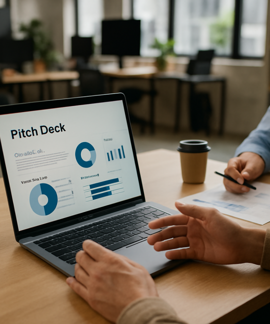 Founder reviewing slides while preparing to fix startup pitch deck mistakes before an investor meeting