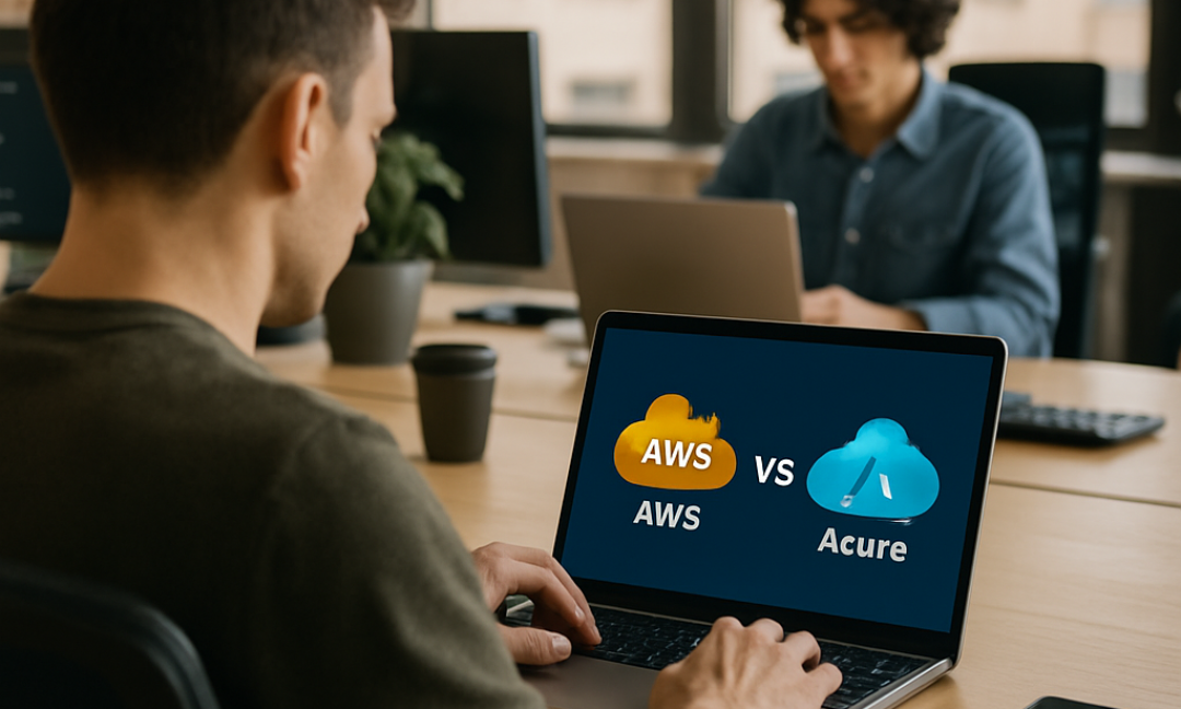 Startup founder comparing AWS vs Azure cloud dashboards on two laptops