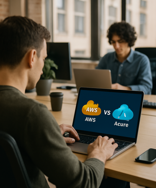 Startup founder comparing AWS vs Azure cloud dashboards on two laptops