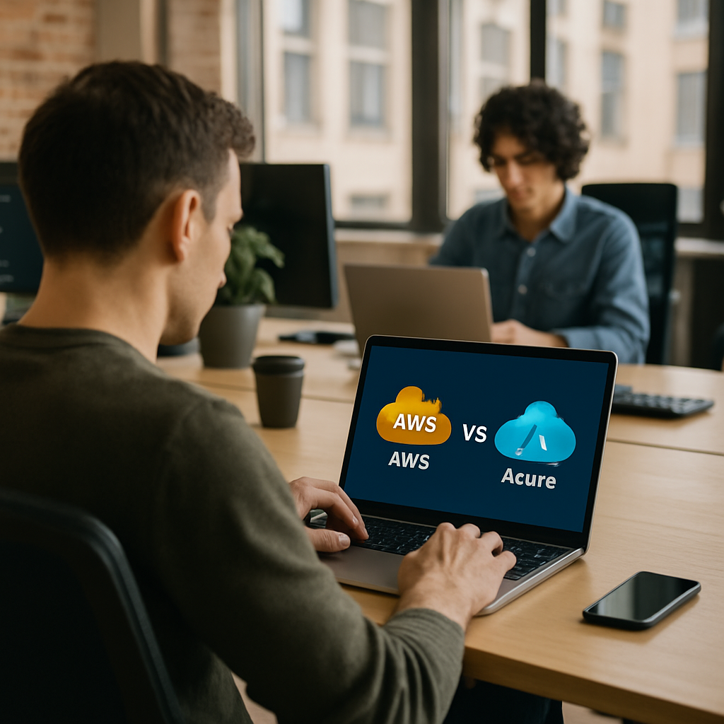 Startup founder comparing AWS vs Azure cloud dashboards on two laptops